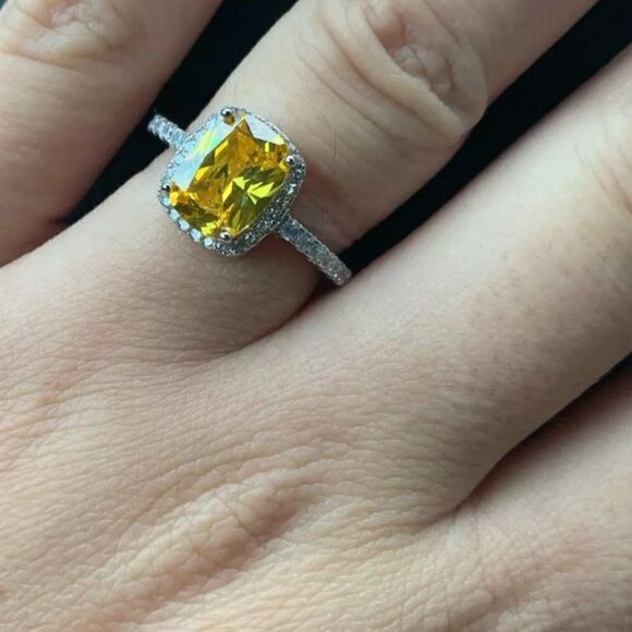 NEW Citrine Rectangular Diamond Halo Sterling Silver Ring - Picture 4 of 7